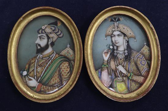 A pair of 19th century Indian gouache on ivory miniature of Mughai Emperor Shah Jahan and his wife, Mumtaz, c.1850-1875, 10 x 7cm